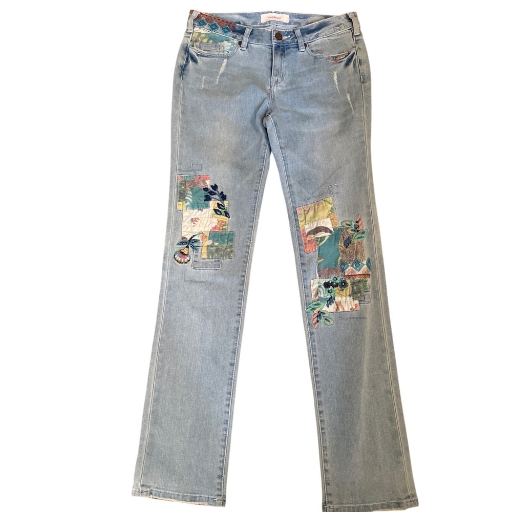 Sundance Magnolia Fit 27 Light Wash Patchwork Embroidered Boho Straight Jeans